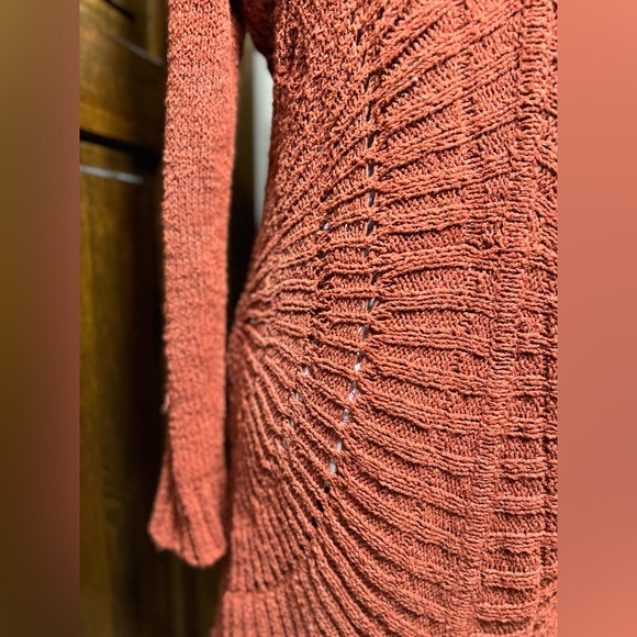 ROSIE NEIRA ANTHROPOLOGIE Rust Crochet Cotton Knit Open Longer Cardigan Duster M - Picture 8 of 14